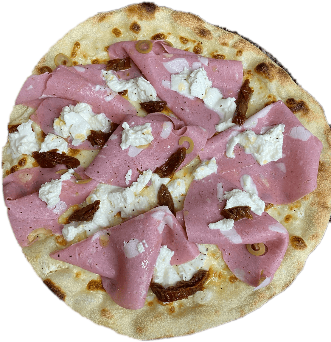 Pizza La Mortadelle avec mortadelle aux olives, mozza di bufala et tomates sechees