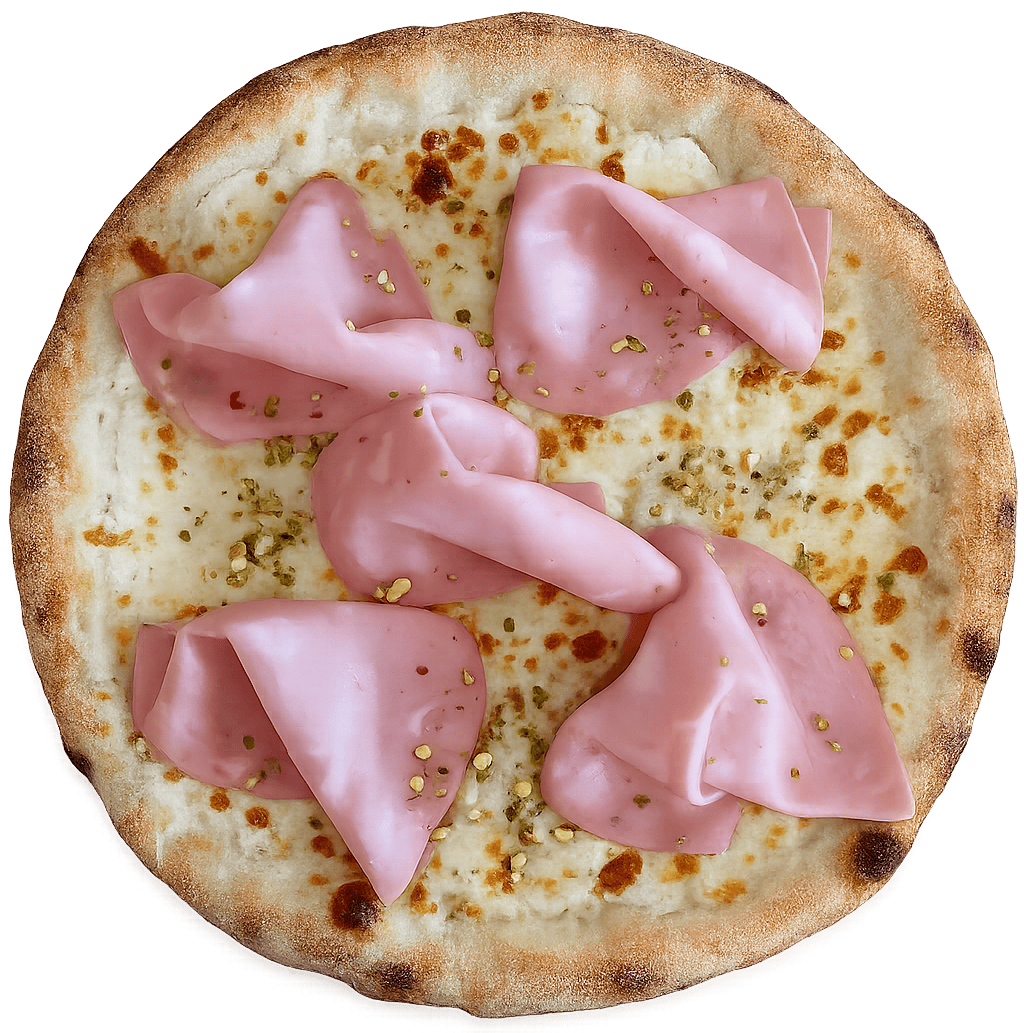 Pizza du mois avec crème fraîche, mozzarella, oignons rouges, gorgonzola, mortadelle de Bologne et éclats de pistaches